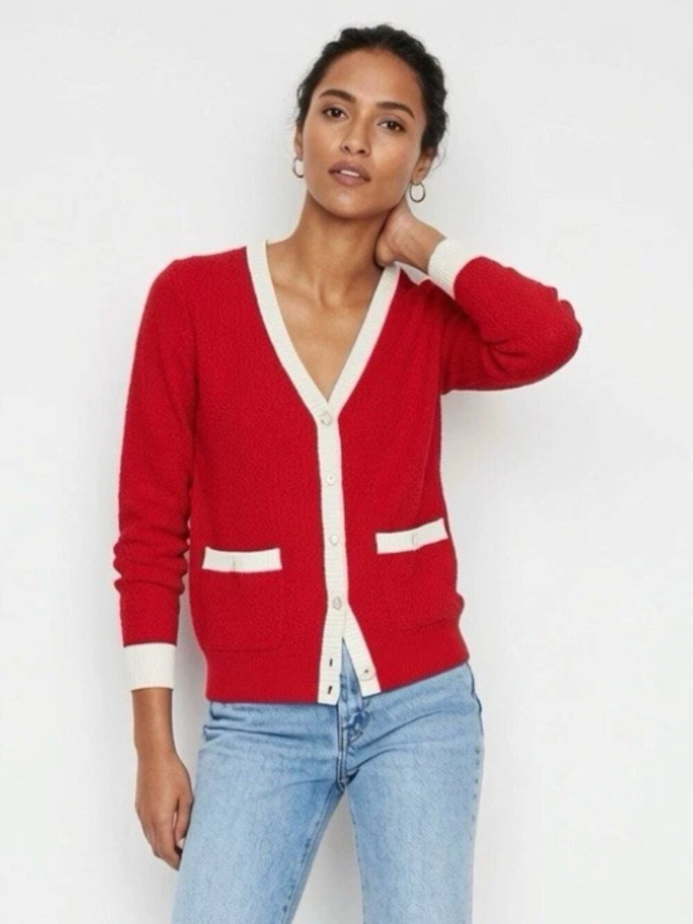 Boden Emilia Cotton Crochet Knit V-Neck Button Cardigan Red White Pockets, Large
